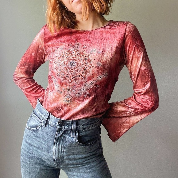 Vintage Y2K Beaded Sun Velvet Tie Dye Flare Sleeve Top - Picture 3 of 8